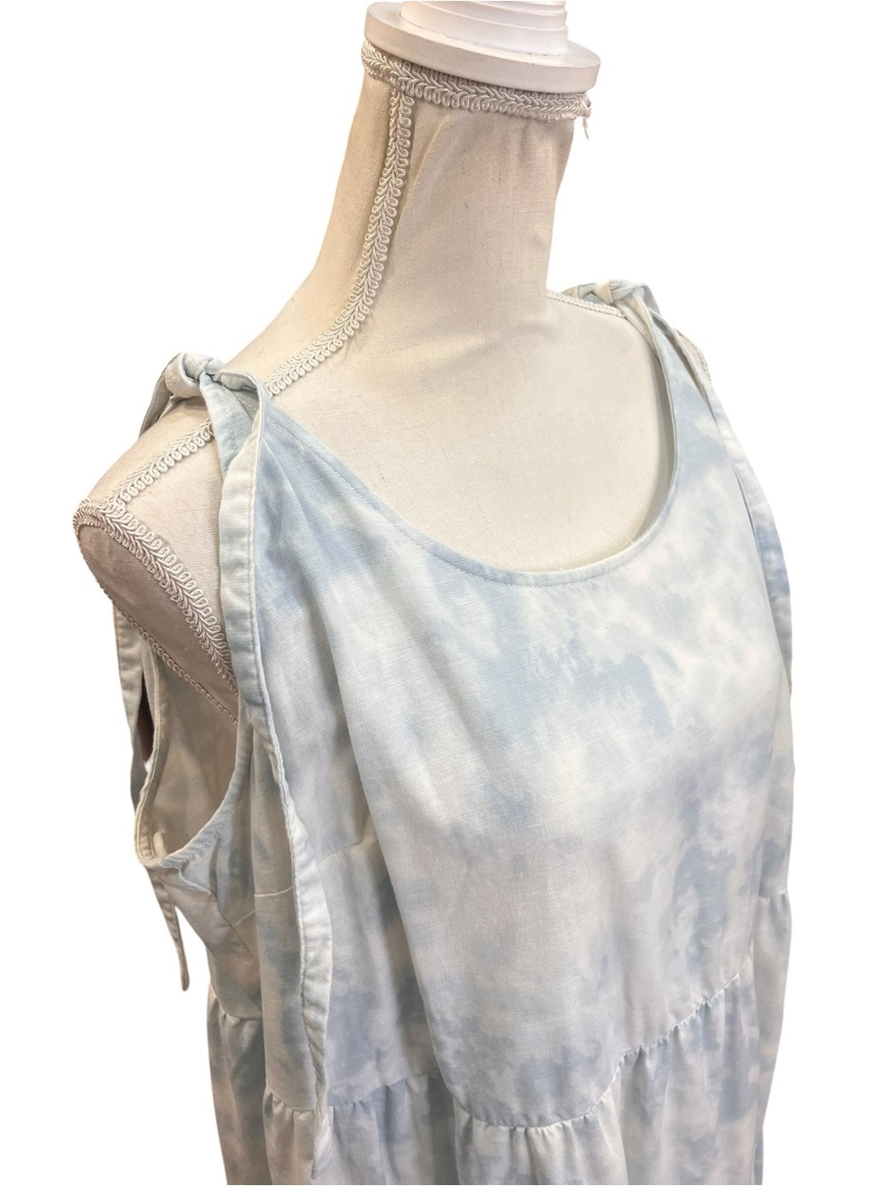Beach Lunch Lounge Blue Tie Dye Linen Blend Tiered Midi Dress XL Adjustable - Picture 3 of 11